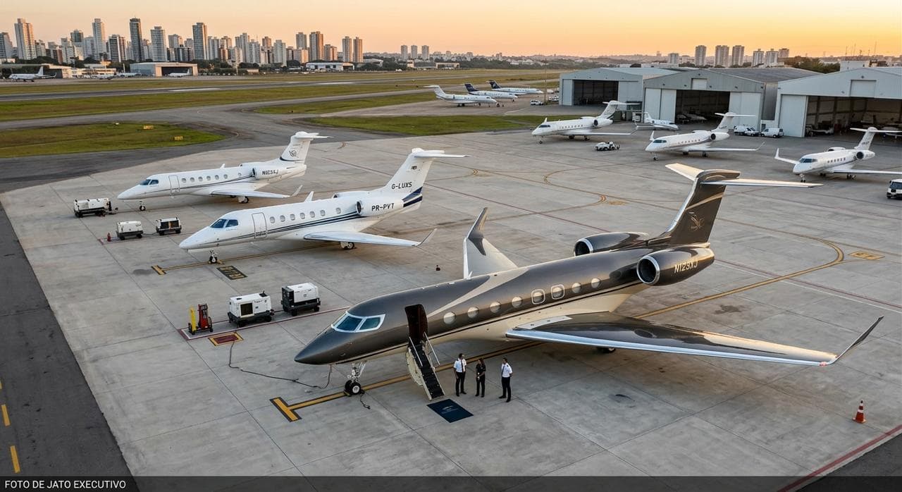 Jatos executivos posicionados em pátio aeroportuário