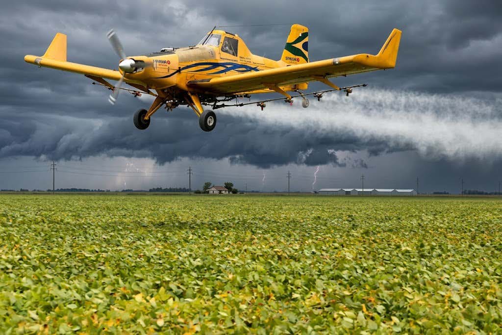 Avião agrícola em pulverização sobre a lavoura